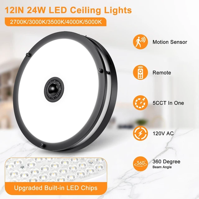 Alt view image 7 of 7 - 2-Pack 12" LED Motion Sensor Outdoor Ceiling Light with Remote Dusk to Dawn, 2700K/3000K/3500K/4000K/5000K Dimmable, 4 Lighting Modes, 24W Flush Mount Ceiling Light for Entryway, Black