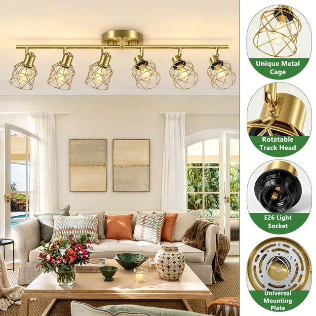 Alt view image 3 of 7 - 6-Lights Gold Semi Flush Mount Ceiling Light, Adjustable Multi-Directional Light Fixtures, Rotatable Farmhouse Light Fixtures with Metal Cage for Dining Room, Living Room, Kitchen