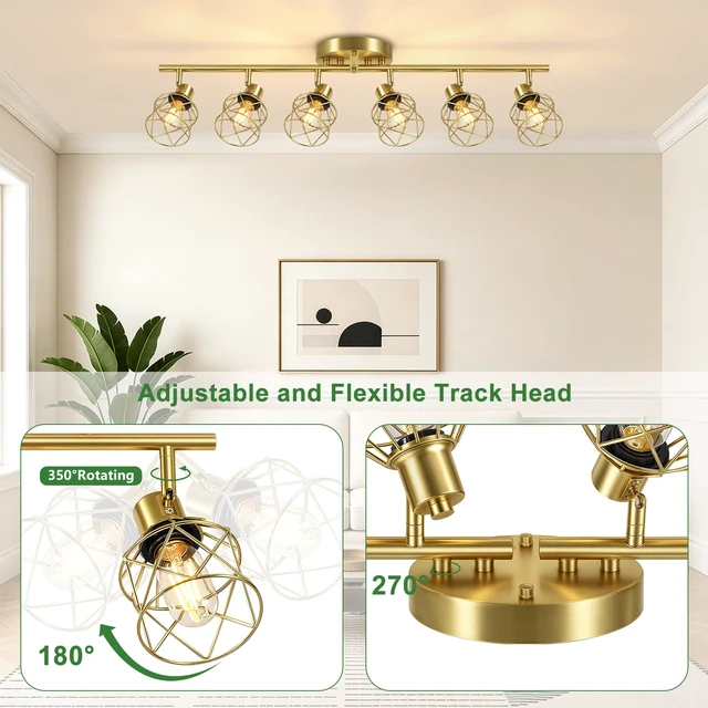 Alt view image 4 of 7 - 6-Lights Gold Semi Flush Mount Ceiling Light, Adjustable Multi-Directional Light Fixtures, Rotatable Farmhouse Light Fixtures with Metal Cage for Dining Room, Living Room, Kitchen