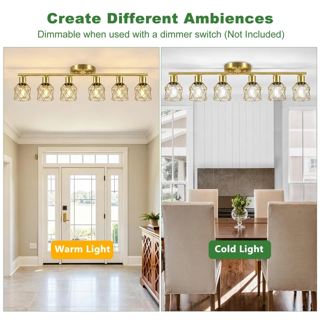 Alt view image 5 of 7 - 6-Lights Gold Semi Flush Mount Ceiling Light, Adjustable Multi-Directional Light Fixtures, Rotatable Farmhouse Light Fixtures with Metal Cage for Dining Room, Living Room, Kitchen