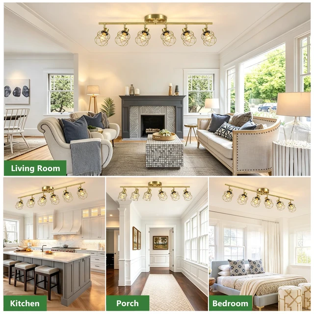 Alt view image 6 of 7 - 6-Lights Gold Semi Flush Mount Ceiling Light, Adjustable Multi-Directional Light Fixtures, Rotatable Farmhouse Light Fixtures with Metal Cage for Dining Room, Living Room, Kitchen