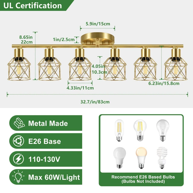 Alt view image 2 of 7 - 6-Lights Gold Semi Flush Mount Ceiling Light, Adjustable Multi-Directional Light Fixtures, Rotatable Farmhouse Light Fixtures with Metal Cage for Dining Room, Living Room, Kitchen