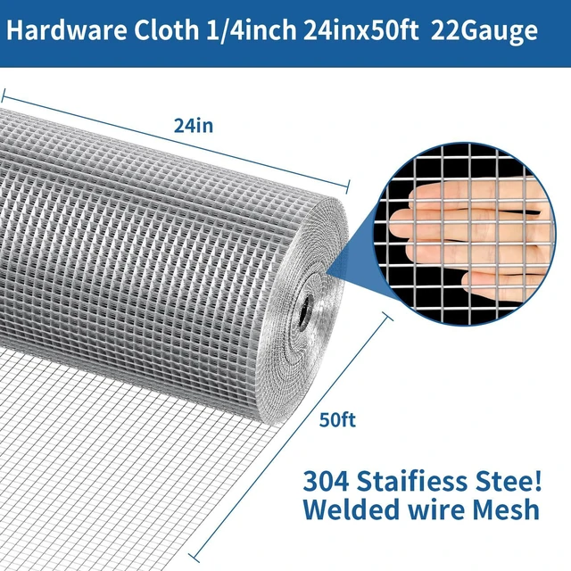 Alt view image 2 of 6 - 304 Stainless Steel Hardware Cloth 1/4 Inch 22 Gauge Chicken Wire Fence Welded Wire Mesh Roll for Garden Protection, Rabbit Cage, Squirrel Barrier, Plant Support and DIY Projects (24in×50ft)