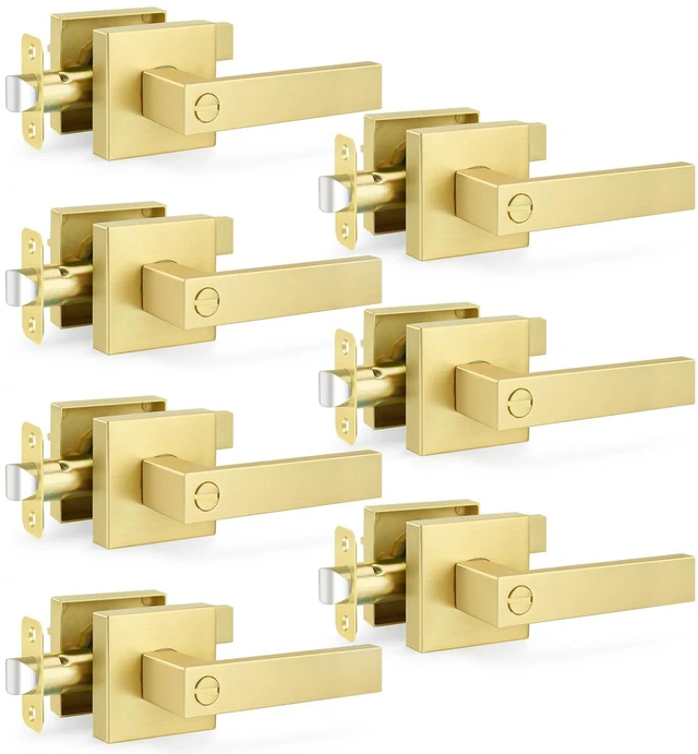 Main image of 7 Pack Satin Brass Door Handles, Privacy Keyless Interior Gold Door Knobs, Heavy Duty Zinc Alloy Modern Square Door Handleset for Bedrooms Bathrooms, Reversible for Left & Right Handled Doors