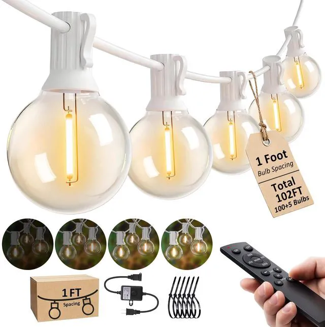 Main image of Outdoor-String-Lights with Remote 102FT Waterproof lights for Outside Patio 1FT Bulbs Apart, White Cord String Lights, Connectable Dimmable Patio Lights with Remote,Timer, 3 Modes for Backyard,Bistro