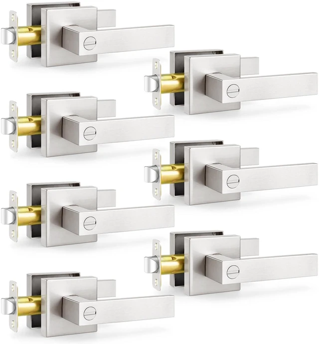 Main image of 7 Pack Interior Door Handles, Brushed Nickel Moder Square Door Levers for Bedroom/Bathroom, Reversible for Left & Right Handed Doors