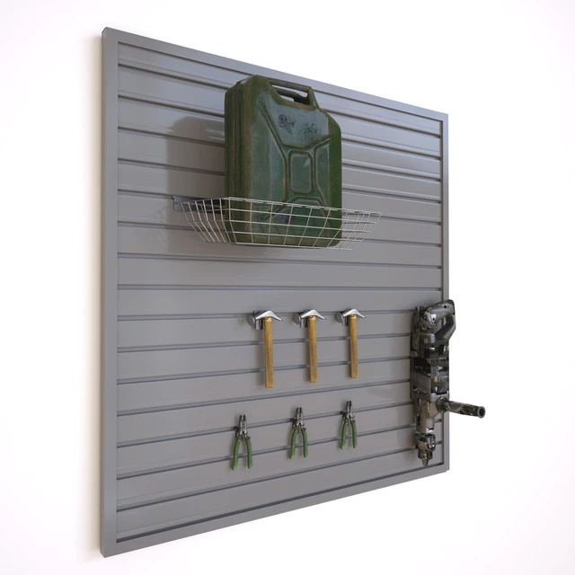 Alt view image 2 of 7 - Slatwall Panel Wall Storage Systems, 4 x 4ft Slat Wall Paneling Garage Wall Organizer, Heavy Duty Wall Mounted PVC Wall Rack (Gray)