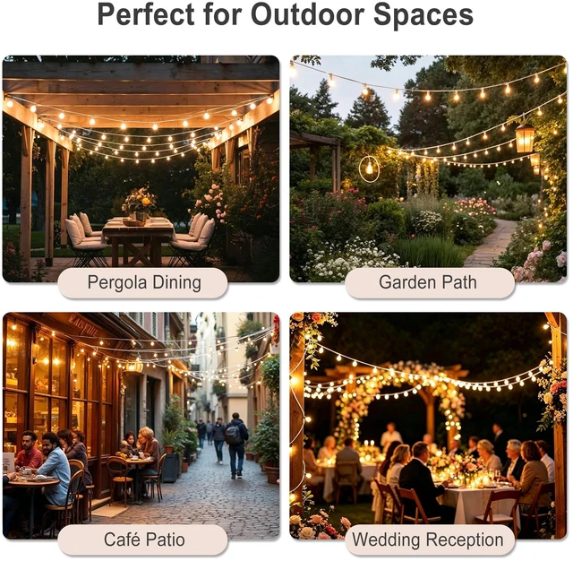 Alt view image 7 of 7 - Outdoor-String-Lights with Remote 102FT Waterproof lights for Outside Patio 1FT Bulbs Apart, White Cord String Lights, Connectable Dimmable Patio Lights with Remote,Timer, 3 Modes for Backyard,Bistro