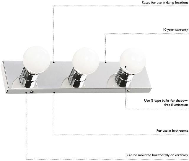 Alt view image 3 of 7 - Vanity Lights, 6 Linear Lights, Dimmable, Horizontal or Vertical Use, Uses (6) 60W Bulbs, For Bathroom/Makeup Vanity, Polished Chrome, 36.0 in. L x 4.33 in. H x 2.0 in. D, 500942