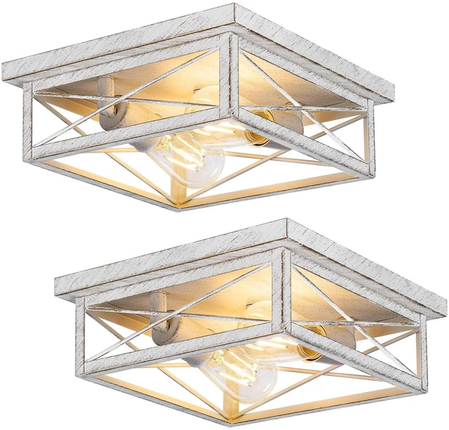 Main image of White Hallway Light Fixtures for Ceiling, 2-Light Farmhouse Industrial Flush Mount Ceiling Lights, 2-Pack Metal Kitchen Light Fixtures, Square Close to Ceiling Lights for Bedroom Living Room Entryway