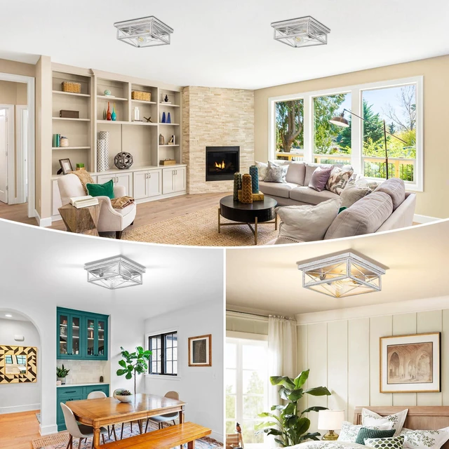 Alt view image 2 of 7 - White Hallway Light Fixtures for Ceiling, 2-Light Farmhouse Industrial Flush Mount Ceiling Lights, 2-Pack Metal Kitchen Light Fixtures, Square Close to Ceiling Lights for Bedroom Living Room Entryway