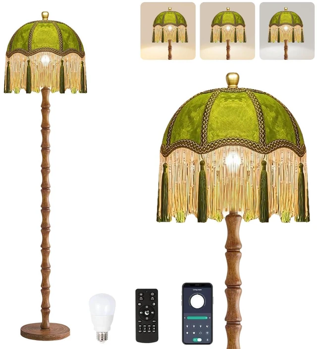Main image of Vintage Floor Lamp for Living Room,Bedroom,Fringe Standing Lamp with Remote Dimmable,Green Mid Century Gold Tall Lamp Boho Retro Wood Tassel Flower Unique Lamp Tiffany Decor