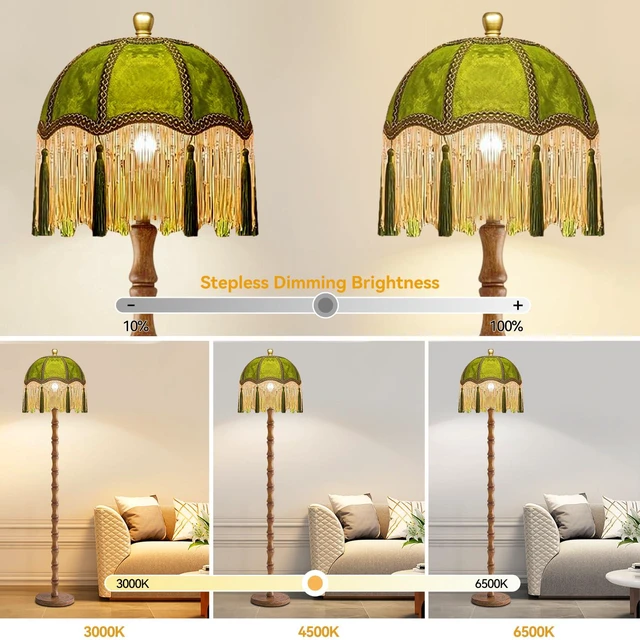Alt view image 2 of 7 - Vintage Floor Lamp for Living Room,Bedroom,Fringe Standing Lamp with Remote Dimmable,Green Mid Century Gold Tall Lamp Boho Retro Wood Tassel Flower Unique Lamp Tiffany Decor