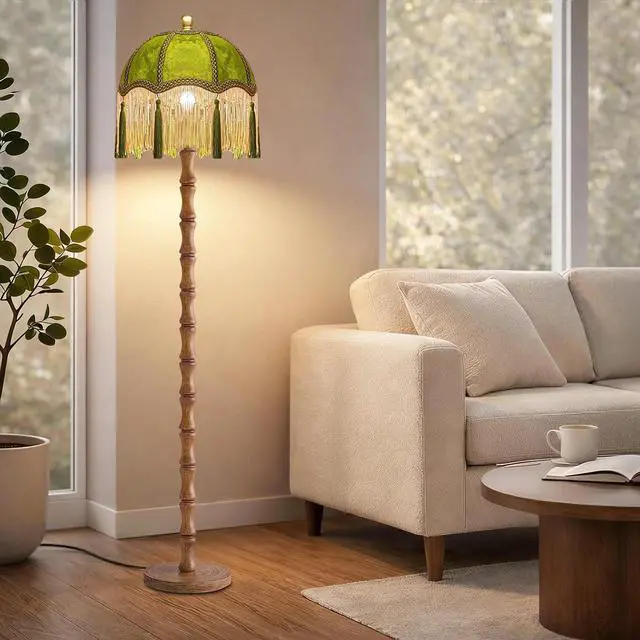 Alt view image 4 of 7 - Vintage Floor Lamp for Living Room,Bedroom,Fringe Standing Lamp with Remote Dimmable,Green Mid Century Gold Tall Lamp Boho Retro Wood Tassel Flower Unique Lamp Tiffany Decor