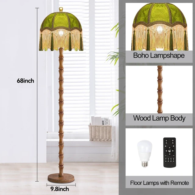 Alt view image 5 of 7 - Vintage Floor Lamp for Living Room,Bedroom,Fringe Standing Lamp with Remote Dimmable,Green Mid Century Gold Tall Lamp Boho Retro Wood Tassel Flower Unique Lamp Tiffany Decor