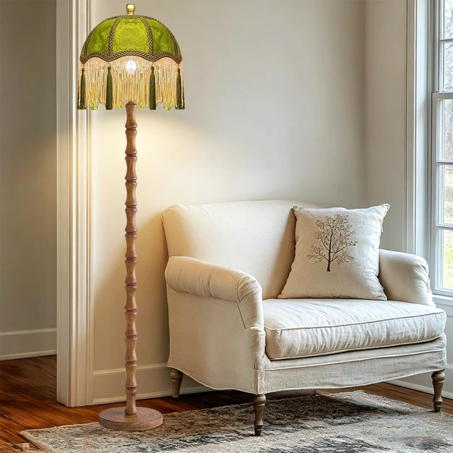 Alt view image 6 of 7 - Vintage Floor Lamp for Living Room,Bedroom,Fringe Standing Lamp with Remote Dimmable,Green Mid Century Gold Tall Lamp Boho Retro Wood Tassel Flower Unique Lamp Tiffany Decor
