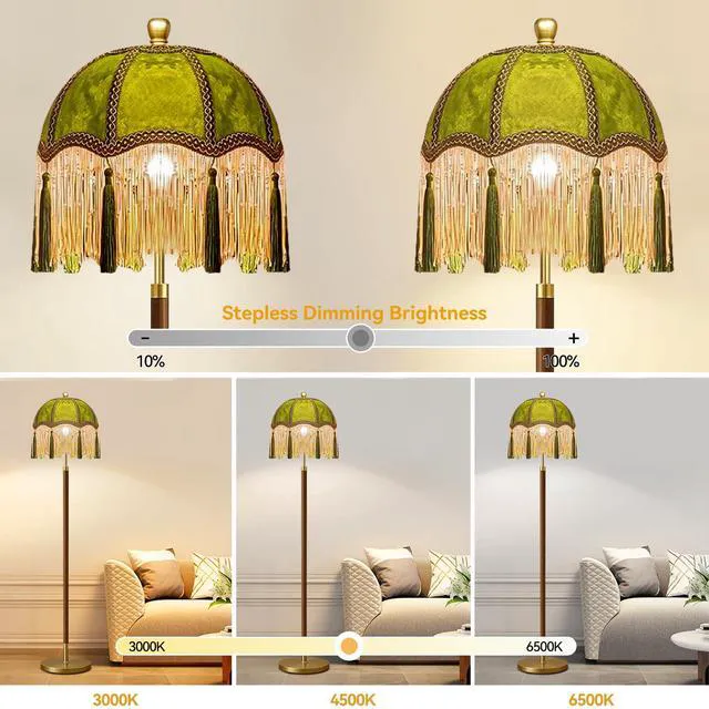 Alt view image 2 of 7 - Vintage Floor Lamp for Living Room,Bedroom,Dimmable Standing Lamp with Remote,Green Mid Century Gold Tall Lamp Boho Retro Floor Light Fringe Tassel Flower Unique Wood Tiffany Victorian Decor