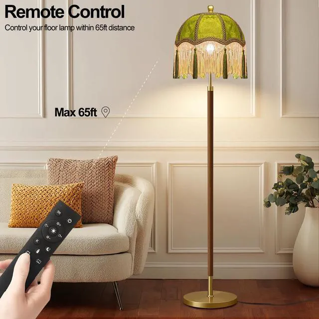 Alt view image 3 of 7 - Vintage Floor Lamp for Living Room,Bedroom,Dimmable Standing Lamp with Remote,Green Mid Century Gold Tall Lamp Boho Retro Floor Light Fringe Tassel Flower Unique Wood Tiffany Victorian Decor