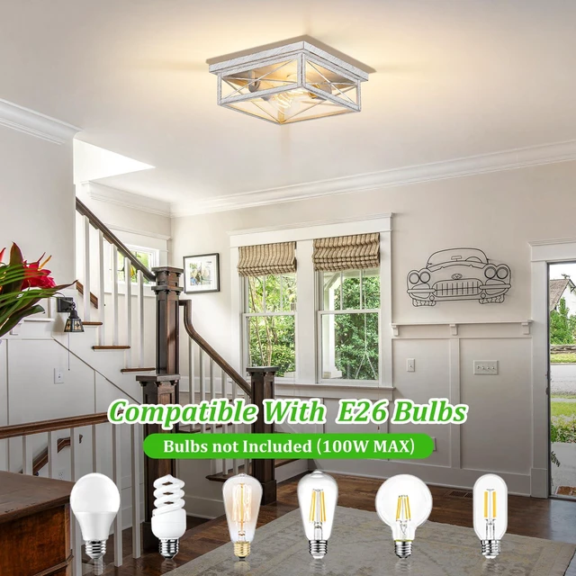 Alt view image 3 of 7 - White Hallway Light Fixtures for Ceiling, 2-Light Farmhouse Industrial Flush Mount Ceiling Lights, 2-Pack Metal Kitchen Light Fixtures, Square Close to Ceiling Lights for Bedroom Living Room Entryway