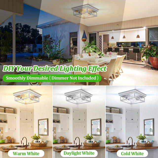 Alt view image 4 of 7 - White Hallway Light Fixtures for Ceiling, 2-Light Farmhouse Industrial Flush Mount Ceiling Lights, 2-Pack Metal Kitchen Light Fixtures, Square Close to Ceiling Lights for Bedroom Living Room Entryway
