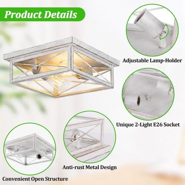 Alt view image 5 of 7 - White Hallway Light Fixtures for Ceiling, 2-Light Farmhouse Industrial Flush Mount Ceiling Lights, 2-Pack Metal Kitchen Light Fixtures, Square Close to Ceiling Lights for Bedroom Living Room Entryway
