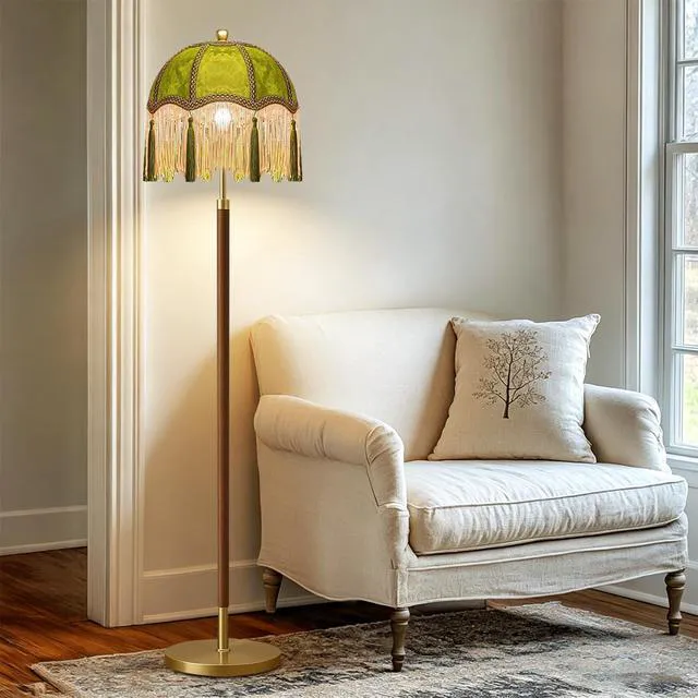 Alt view image 4 of 7 - Vintage Floor Lamp for Living Room,Bedroom,Dimmable Standing Lamp with Remote,Green Mid Century Gold Tall Lamp Boho Retro Floor Light Fringe Tassel Flower Unique Wood Tiffany Victorian Decor