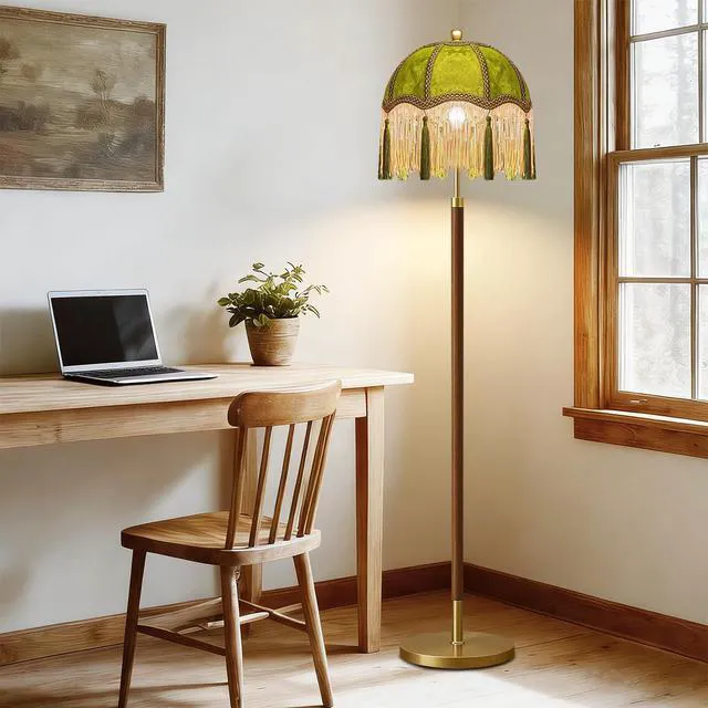 Alt view image 5 of 7 - Vintage Floor Lamp for Living Room,Bedroom,Dimmable Standing Lamp with Remote,Green Mid Century Gold Tall Lamp Boho Retro Floor Light Fringe Tassel Flower Unique Wood Tiffany Victorian Decor