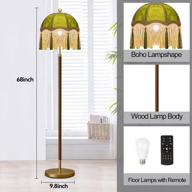 Alt view image 6 of 7 - Vintage Floor Lamp for Living Room,Bedroom,Dimmable Standing Lamp with Remote,Green Mid Century Gold Tall Lamp Boho Retro Floor Light Fringe Tassel Flower Unique Wood Tiffany Victorian Decor