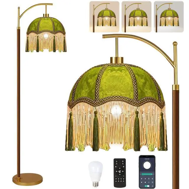 Main image of Vintage Floor Lamp for Living Room,Bedroom,Fringe Standing Lamp with Remote Dimmable,Green Mid Century Gold Arc Tall Lamp Boho Retro Wood Tassel Flower Unique Lamp Tiffany Victorian Decor