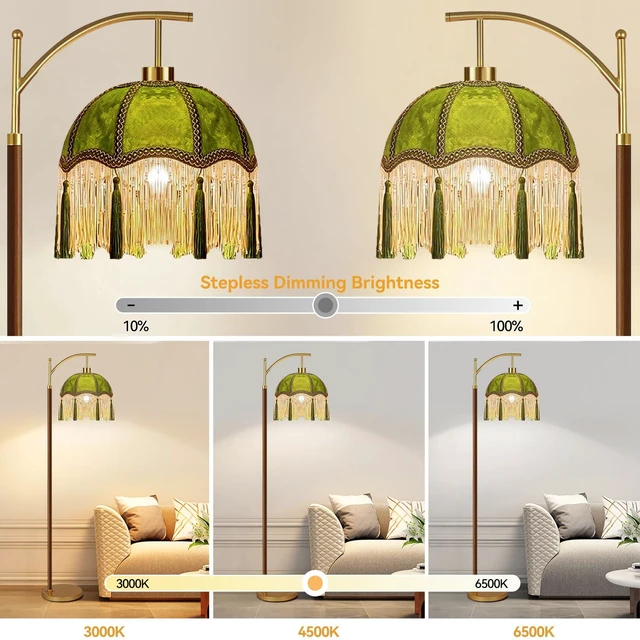 Alt view image 2 of 7 - Vintage Floor Lamp for Living Room,Bedroom,Fringe Standing Lamp with Remote Dimmable,Green Mid Century Gold Arc Tall Lamp Boho Retro Wood Tassel Flower Unique Lamp Tiffany Victorian Decor