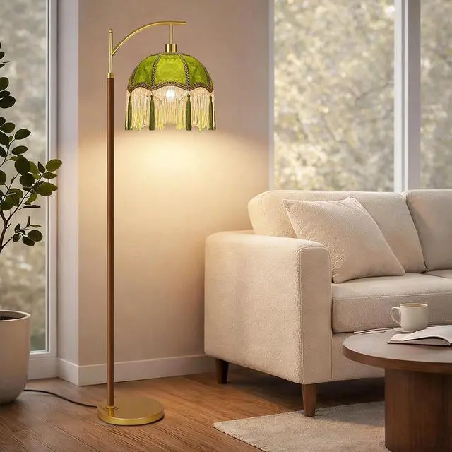 Alt view image 3 of 7 - Vintage Floor Lamp for Living Room,Bedroom,Fringe Standing Lamp with Remote Dimmable,Green Mid Century Gold Arc Tall Lamp Boho Retro Wood Tassel Flower Unique Lamp Tiffany Victorian Decor