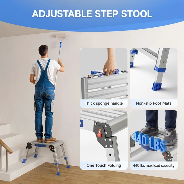 Alt view image 3 of 7 - Folding Step Stool for Adults, Portable Aluminum Work Platform 440lb 12"-15.7" Adjustable Height, 12" x 16.5" Wide Platform for Garage, Painting, Reach High Shelves, Gardening, Car Wash