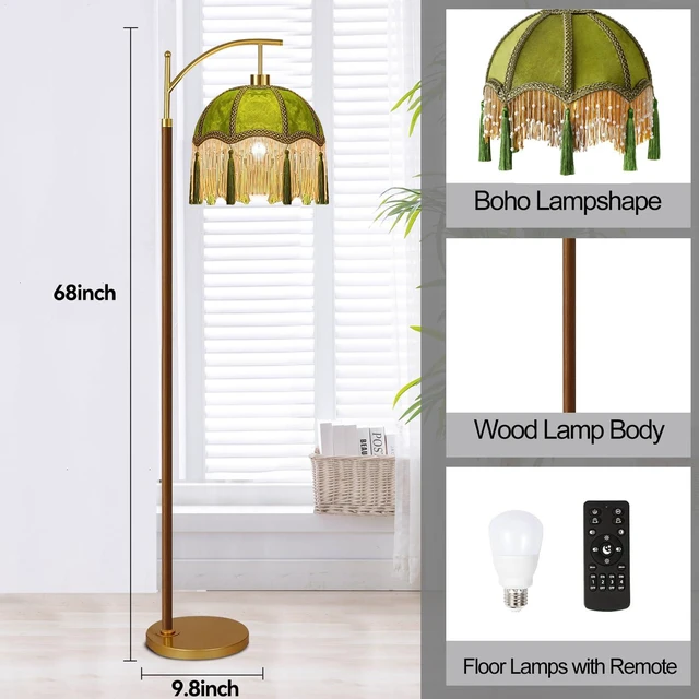 Alt view image 6 of 7 - Vintage Floor Lamp for Living Room,Bedroom,Fringe Standing Lamp with Remote Dimmable,Green Mid Century Gold Arc Tall Lamp Boho Retro Wood Tassel Flower Unique Lamp Tiffany Victorian Decor