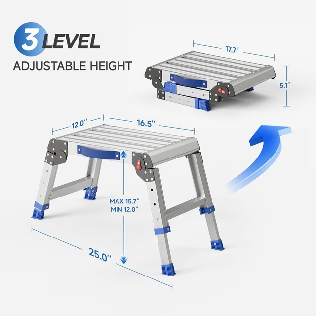 Alt view image 4 of 7 - Folding Step Stool for Adults, Portable Aluminum Work Platform 440lb 12"-15.7" Adjustable Height, 12" x 16.5" Wide Platform for Garage, Painting, Reach High Shelves, Gardening, Car Wash