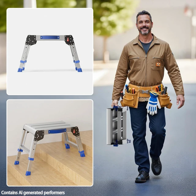 Alt view image 5 of 7 - Folding Step Stool for Adults, Portable Aluminum Work Platform 440lb 12"-15.7" Adjustable Height, 12" x 16.5" Wide Platform for Garage, Painting, Reach High Shelves, Gardening, Car Wash