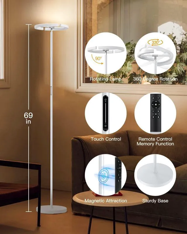 Alt view image 2 of 7 - White Floor Lamp, Modern Stepless Dimmable Standing Lamp 3000-6000K, 20W LED Rotatable Reading Tall Lamp, Touch & Remote Control Uplighter Floor Lamps for Living Room Bedroom Office