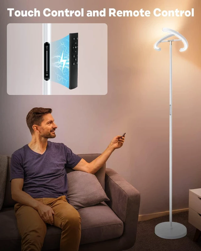 Alt view image 4 of 7 - White Floor Lamp, Modern Stepless Dimmable Standing Lamp 3000-6000K, 20W LED Rotatable Reading Tall Lamp, Touch & Remote Control Uplighter Floor Lamps for Living Room Bedroom Office