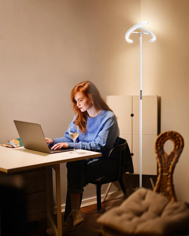 Alt view image 6 of 7 - White Floor Lamp, Modern Stepless Dimmable Standing Lamp 3000-6000K, 20W LED Rotatable Reading Tall Lamp, Touch & Remote Control Uplighter Floor Lamps for Living Room Bedroom Office