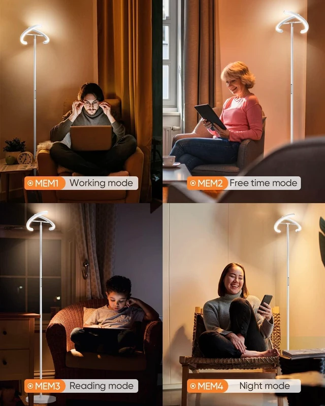 Alt view image 7 of 7 - White Floor Lamp, Modern Stepless Dimmable Standing Lamp 3000-6000K, 20W LED Rotatable Reading Tall Lamp, Touch & Remote Control Uplighter Floor Lamps for Living Room Bedroom Office