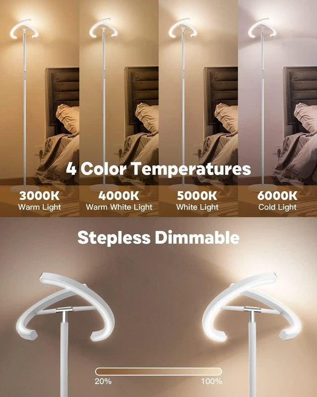 Alt view image 3 of 7 - White Floor Lamp, Modern Stepless Dimmable Standing Lamp 3000-6000K, 20W LED Rotatable Reading Tall Lamp, Touch & Remote Control Uplighter Floor Lamps for Living Room Bedroom Office