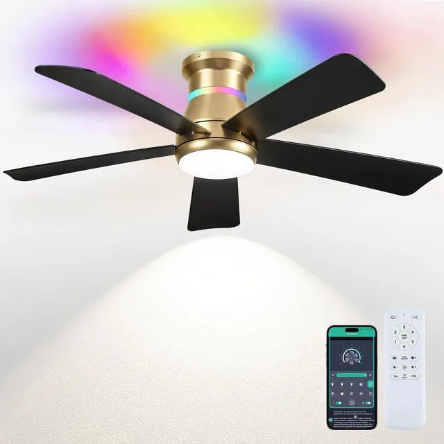 Main image of 46" Ceiling Fans with RGB Lights - Flush Mount Ceiling Fan Light with LED 3CCT Dimmable, Modern Low Profile Gold Ceiling Fan with Reversible Black Blades