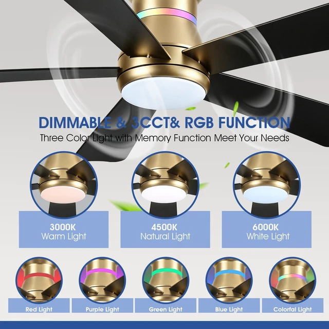 Alt view image 2 of 7 - 46" Ceiling Fans with RGB Lights - Flush Mount Ceiling Fan Light with LED 3CCT Dimmable, Modern Low Profile Gold Ceiling Fan with Reversible Black Blades