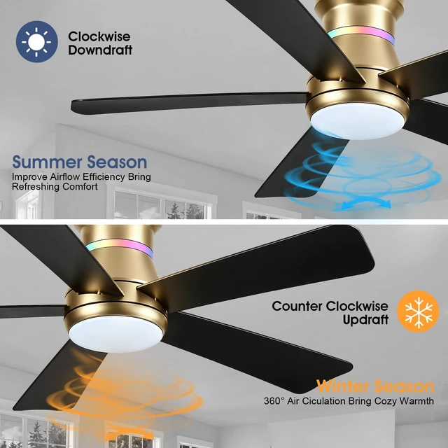 Alt view image 3 of 7 - 46" Ceiling Fans with RGB Lights - Flush Mount Ceiling Fan Light with LED 3CCT Dimmable, Modern Low Profile Gold Ceiling Fan with Reversible Black Blades