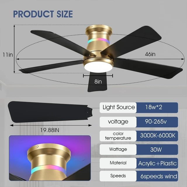 Alt view image 4 of 7 - 46" Ceiling Fans with RGB Lights - Flush Mount Ceiling Fan Light with LED 3CCT Dimmable, Modern Low Profile Gold Ceiling Fan with Reversible Black Blades