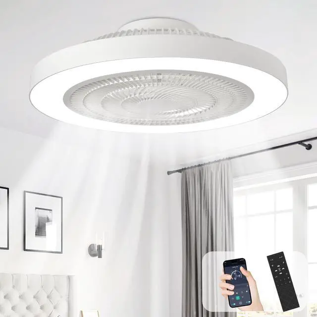 Main image of Modern Ceiling Fan with Light: 19" Bladeless Flush Mount Low Profile LED Ceiling Fans with Remote APP Control - White Enclosed Fandelier Dimmable Quiet for Bedroom Kids Room Apartment Loft