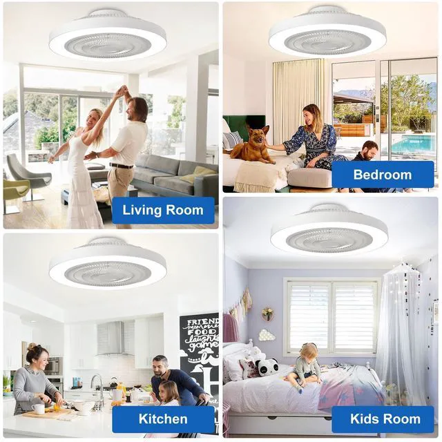 Alt view image 2 of 7 - Modern Ceiling Fan with Light: 19" Bladeless Flush Mount Low Profile LED Ceiling Fans with Remote APP Control - White Enclosed Fandelier Dimmable Quiet for Bedroom Kids Room Apartment Loft