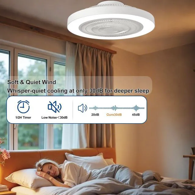 Alt view image 4 of 7 - Modern Ceiling Fan with Light: 19" Bladeless Flush Mount Low Profile LED Ceiling Fans with Remote APP Control - White Enclosed Fandelier Dimmable Quiet for Bedroom Kids Room Apartment Loft