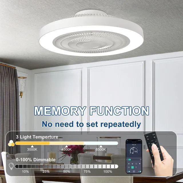Alt view image 5 of 7 - Modern Ceiling Fan with Light: 19" Bladeless Flush Mount Low Profile LED Ceiling Fans with Remote APP Control - White Enclosed Fandelier Dimmable Quiet for Bedroom Kids Room Apartment Loft