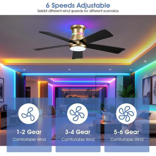Alt view image 5 of 7 - 46" Ceiling Fans with RGB Lights - Flush Mount Ceiling Fan Light with LED 3CCT Dimmable, Modern Low Profile Gold Ceiling Fan with Reversible Black Blades