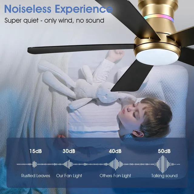 Alt view image 6 of 7 - 46" Ceiling Fans with RGB Lights - Flush Mount Ceiling Fan Light with LED 3CCT Dimmable, Modern Low Profile Gold Ceiling Fan with Reversible Black Blades